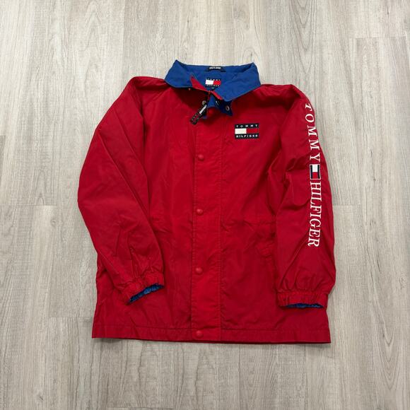 Vintage Tommy Hilfiger Jacket Men's Medium Red Full Zip Hip Hop 90s Streetwear - Picture 1 of 8